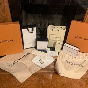 Empty authentic designer boxes, dust bags, Gucci belt bag
